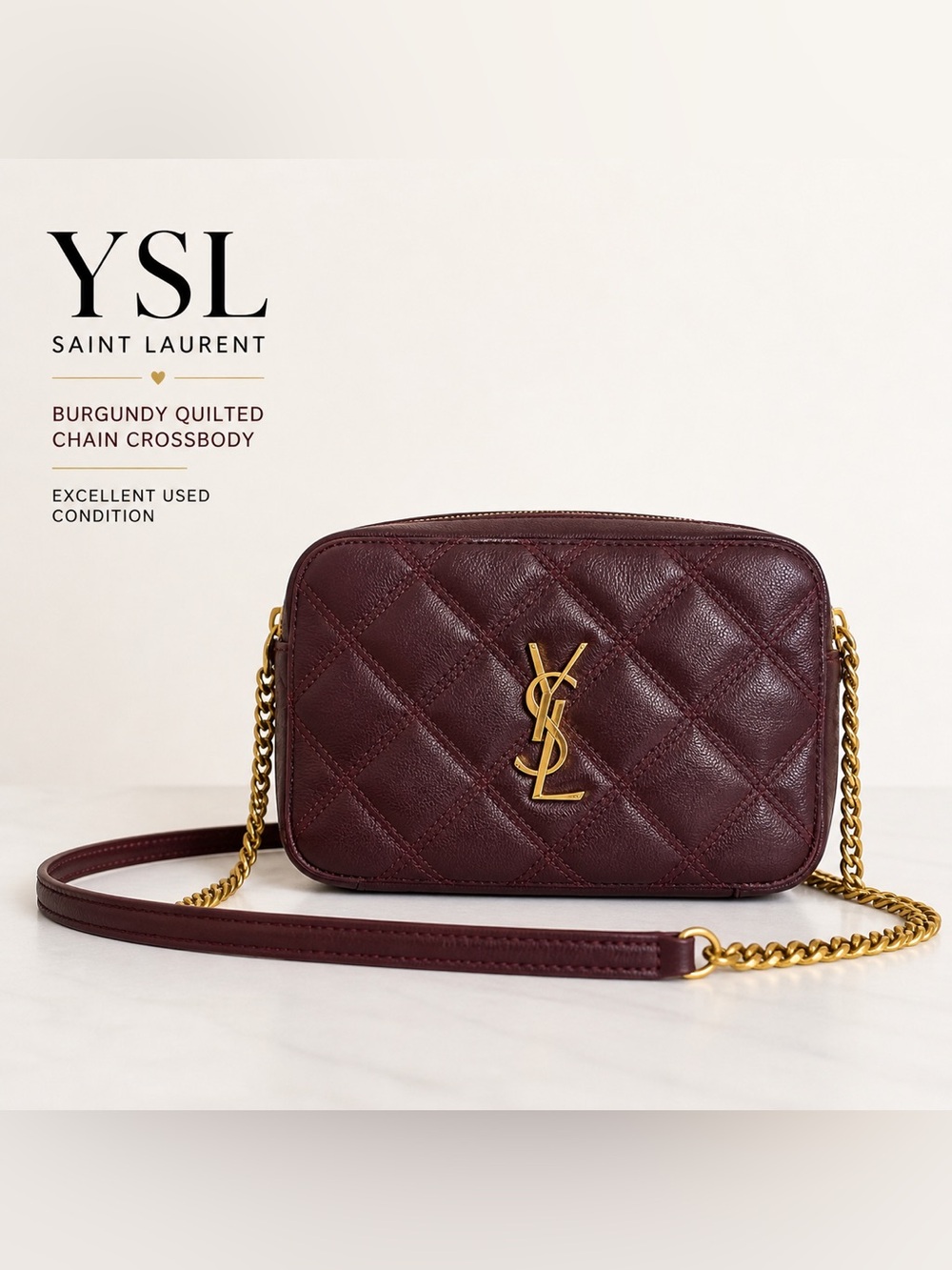 Saint Laurent Quilted Crossbody Bag in Burgundy with Gold Hardware